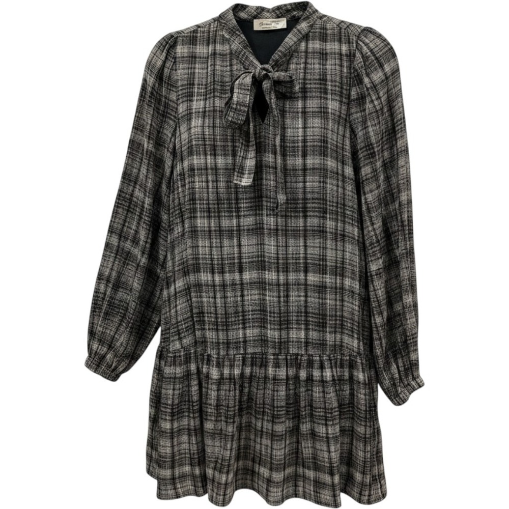 Doe and Rae Plaid Tie Neck Mini Dress Black White Long Sleeve Ruffle Hem Small